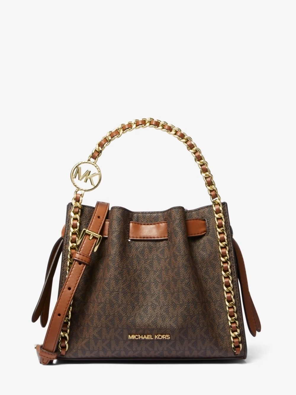 Michael Kors Brown Logo-Print Drawstring Chain Tote